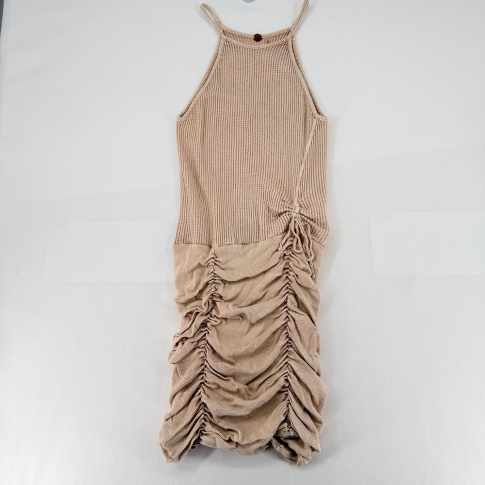 Free People Ruched Bodycon Dress Beige Waffle Knit Halter Mini‎ See Measurements